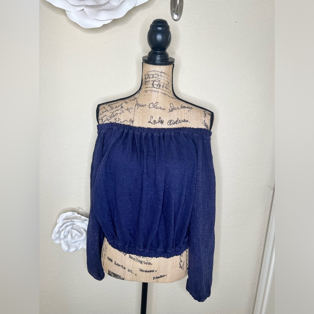We The Free Parfait Bubble Textured Navy/Indigo Blue Cropped Blouse Sz S